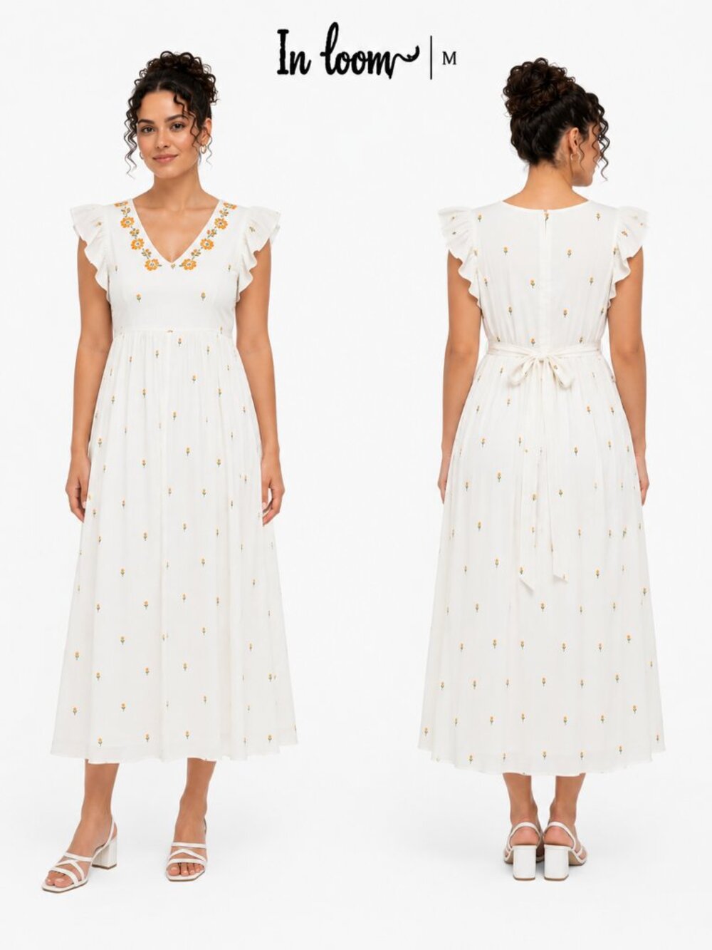 In Loom White Floral Embroidered Ruffle Midi Dress ILD4076 Womens Medium